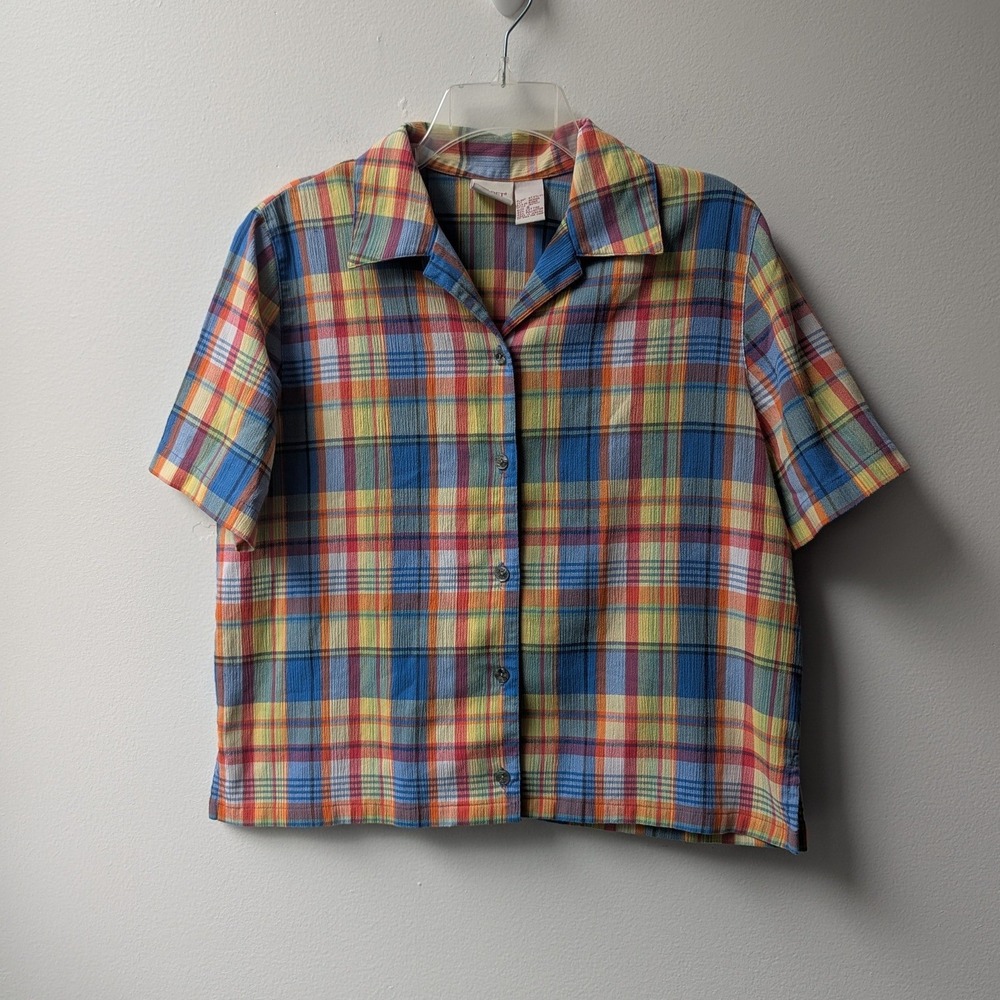 Vtg 90s Koret Button Down Shirt Multi Color Plaid Short Sleeve Sz S Bright Fun